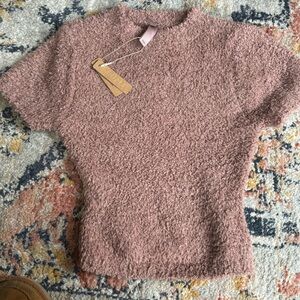 Skims XXS /  XS Cozy Knit Cropped T-Shirt Short Sleeve High Neck Rose Clay New